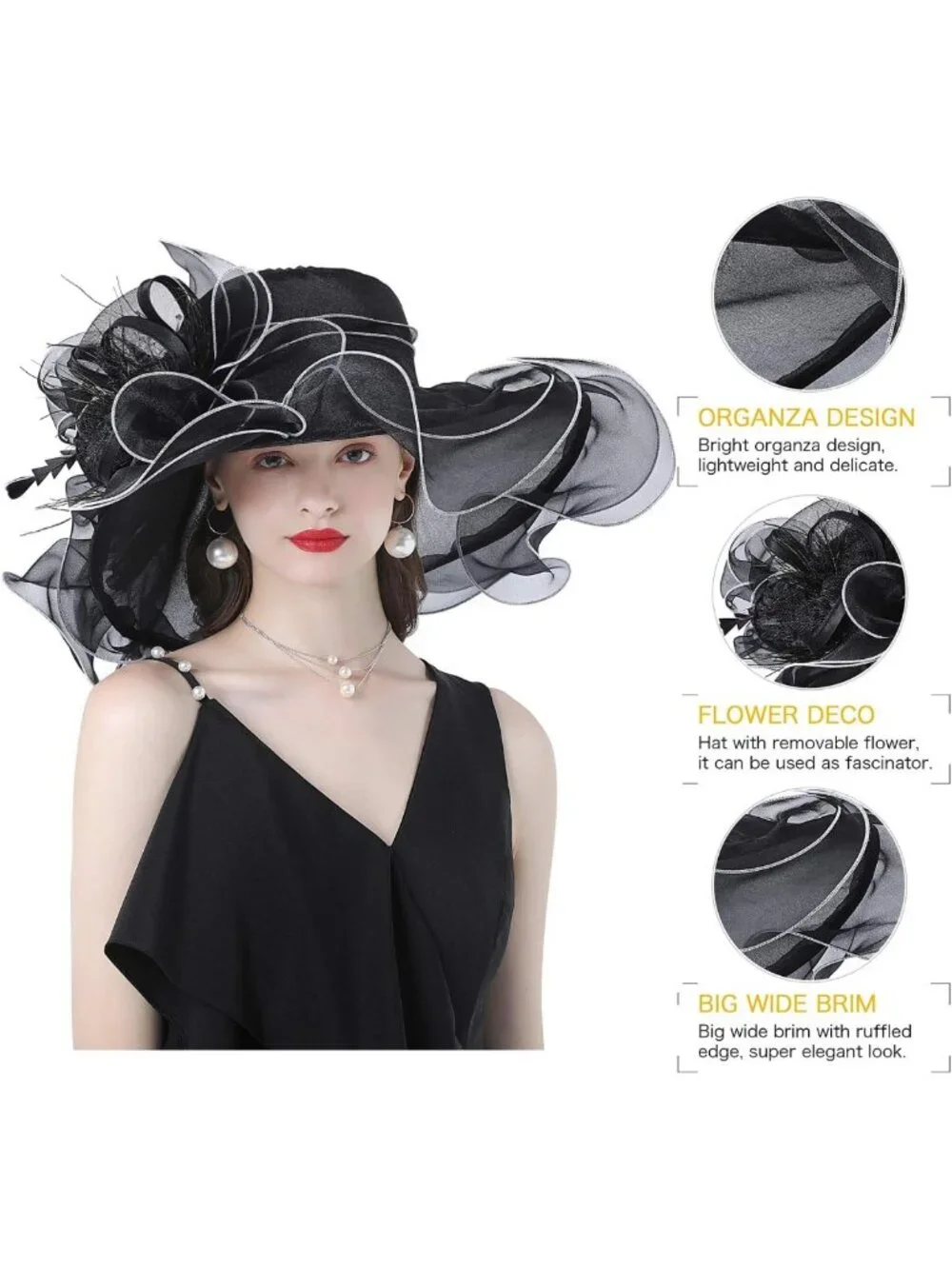 Elegant Wide Brim Organza Church Hat for Weddings & Tea Parties - Dual-Use